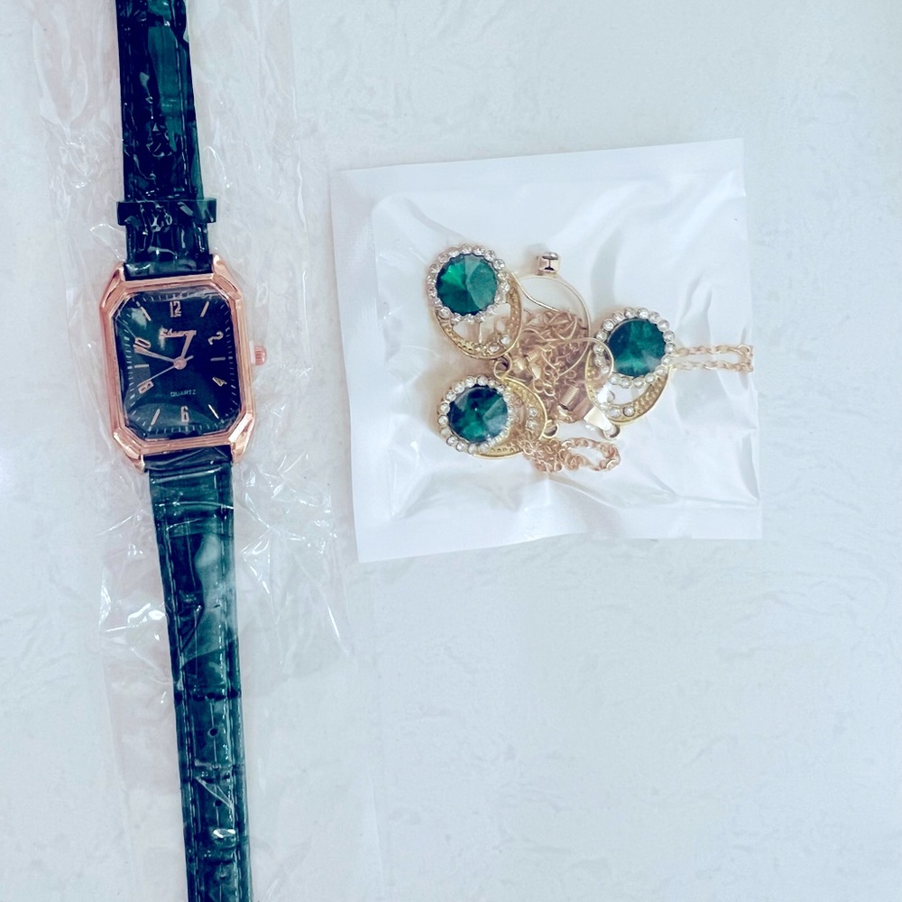 Set Of 4 Green Jewelry emerald green necklace, watch, ring, and earrings